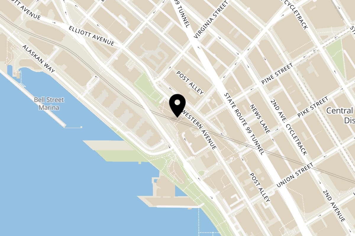 Map showing the location of Honest Biscuits on 1901 Western Ave Suite E in Seattle